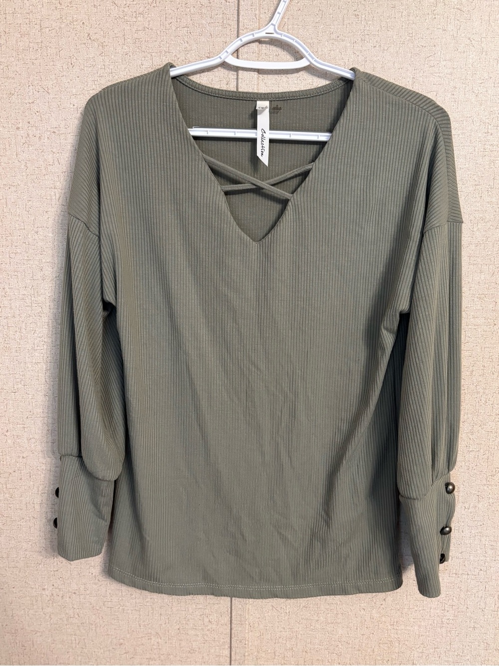 NY Collection Olive Ribbed Crisscross V-Neck Long Sleeve Top